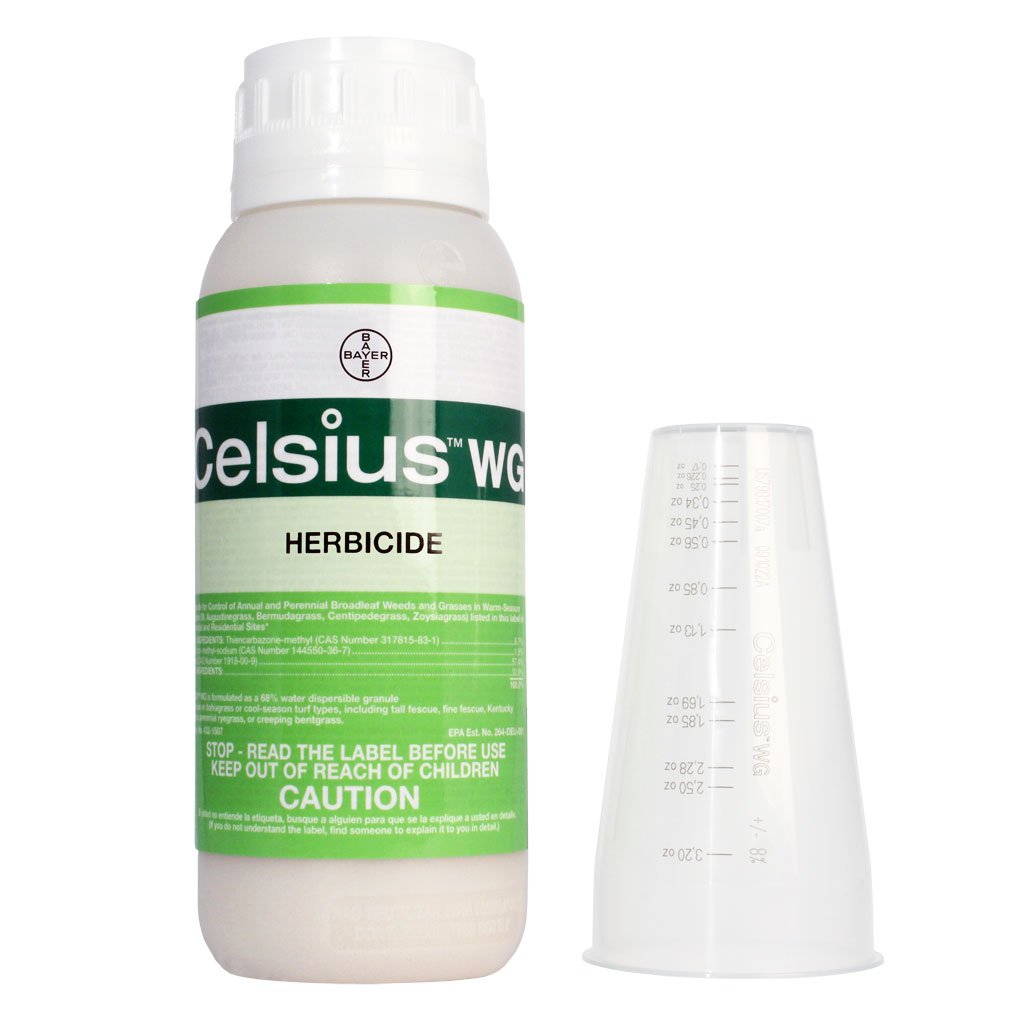 Celsius WG selective turf herbicide bottle from Bayer, shown beside its measuring cup
